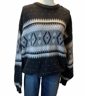 Liz Claiborne Vintage Oversized Cotton Sweater (Sz L) Gray Geo Diamond Grandpa thumbnail 1