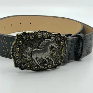 Women's Black Faux Leather Western Belt w/ Horse Buckle, 36.5-45.5 in, X7G9A966 thumbnail 6