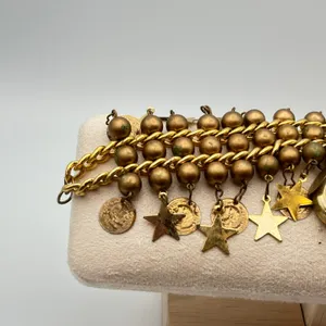 Vintage Enmex‎ Quartz Charm Bracelet Watch – Gold Tone Stars & Coins Boho thumbnail 5