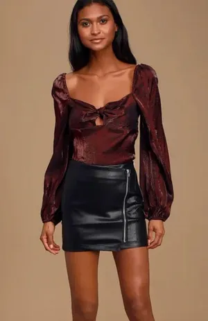 Lulus Chic Perspective Wine Red Satin Tie-Front Puff Sleeve Top thumbnail 2