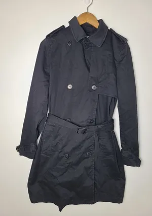 Vtg Gap Wm Med Black Double Breasted Belted‎ Trench Coat Jacket Minimalist Quiet thumbnail 1