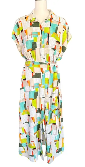 LDT Multi-Color Geometric Abstract‎ Print Button Front Midi Shirt Dress Size 6 thumbnail 1
