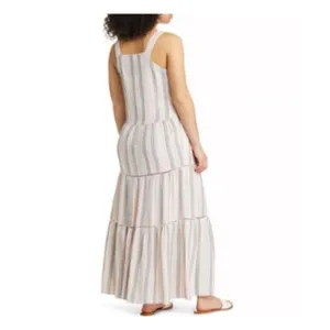 Caslon Womens Striped Square Neck Linen Blend‎ Maxi Dress Pink Cabana Medium NWT thumbnail 4