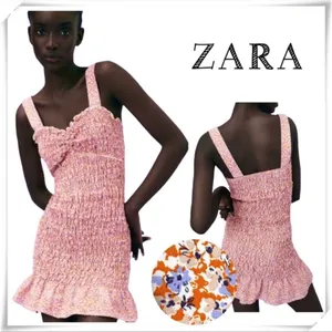 Zara Floral Ditsy Orange Lilac Smocked Sleeveless Minidress, EUC, Size Medium thumbnail 3