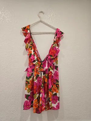 Show Me Your Mumu Raquelle Romper Floral Bold Tropical Print Ruffle Trim Small thumbnail 3