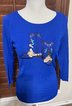 VTG Sweaterworks Top Beaded Sequined‎ Royal Blue Knit Cowboy boots Cowgirl sz S thumbnail 1