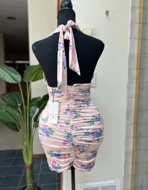 ZARA Pink Floral Halter Mini Dress thumbnail 6