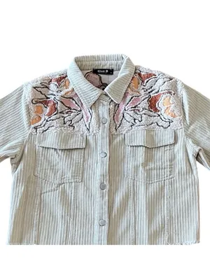 $80 NWT blue b Cream Embroidered Corduroy Fray Edge Western jacket M thumbnail 4