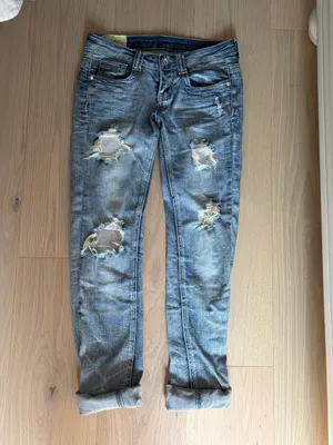 Machine distressed crystal embellished low rise denim jeans thumbnail 2