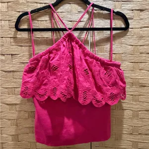 Anthropologie Ruffled Embroidered Halter Tie Back Tank in Medium Pink thumbnail 3