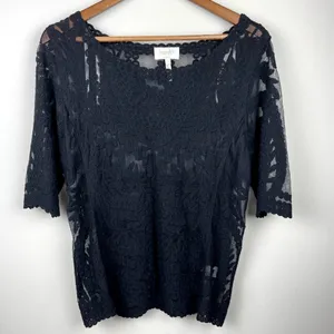 Laundry by Shelli Segal Blouse‎ Large Black Lace Brocade Over Mesh Scalloped Hem thumbnail 11