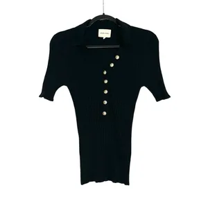Loulou Studio Socotra Wool Cashmere Black Ribbed Short Sleeve Polo Top MEDIUM thumbnail 4
