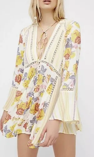 Free People Lovestoned Lace Crochet‎ Bell Sleeve Tunic Small Dress Boho #WX12-5 thumbnail 1