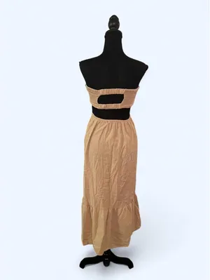 Tan strapless boho maxi dress cottagecore tiered festival size Small thumbnail 4