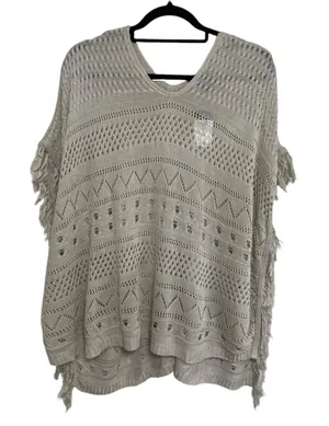 NEW Rue21 Boho Beachy Open Knit Fringe Poncho in Neutral Tan - Size S/M thumbnail 1