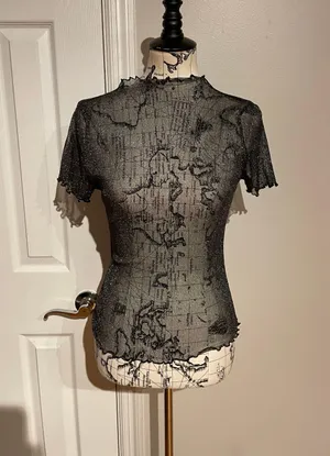 SheIn Sheer Shiny See Through Blouse Tee Short Sleeve Vintage Y2k Mesh Sparkle ✨ Whimsgoth thumbnail 1