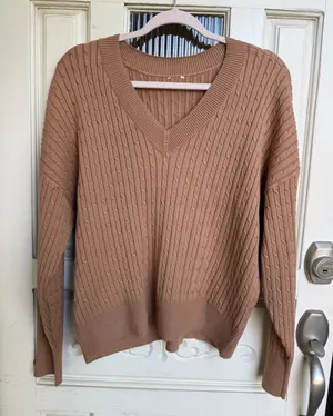 Anne Klein Womens Camel Brown Cable Knit V-Neck Pullover‎ Sweater Size Medium thumbnail 1