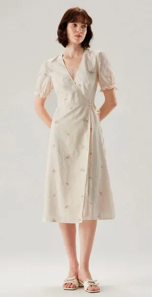 Rihoas Beige Embroidery Puffed Sleeve Wrap Midi Dress thumbnail 5