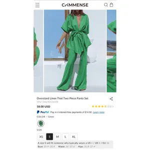 Commense Oversized Linen Tied Two Piece Pants Set in Green Size Small thumbnail 8