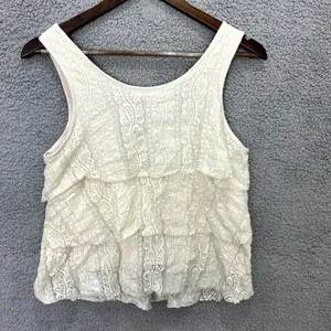 Pins and Needles Lace Tank Top Womens M Cream Tiered‎ Boho Zip Front Sleeveless thumbnail 3