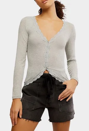 NWT Free people Big Love Ribbed Cardigan Elegant Grey Lace-Trimmed Medium thumbnail 1