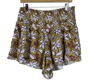 Aerie Smocked Floral Batik Shorts Mustard Yellow Boho High Rise Flowy Size L thumbnail 1