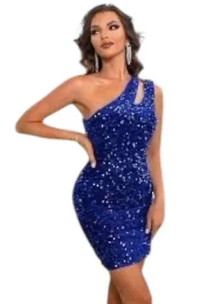One Shoulder Velvety Sequin Mini Dress Blue Medium thumbnail 1