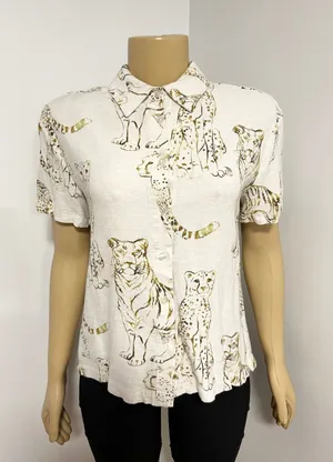 Vintage Big Cat Print Short Sleeve Button Down Shirt Ivory Gold Tiger Cheetah thumbnail 1