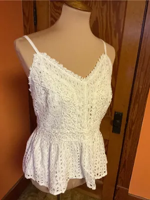 Japna White Eyelet Lace Peplum Cami Top Large Boho Cottagecore Adjustable Straps thumbnail 6