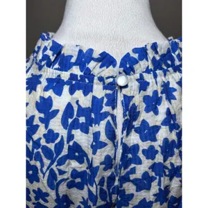THML Anthropologie XL Blue White Floral Tiered Babydoll Dress Pink Pom Pom Trim thumbnail 7