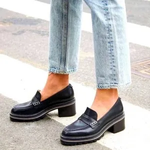 Bernardo Selma Black Leather Lug Sole Penny Loafers Chunky Stacked Heel Academia thumbnail 1