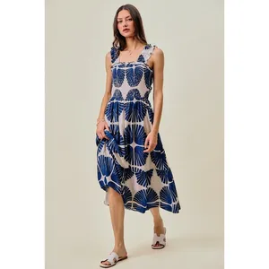 SO ME Abstract Print Smocked Bodice Tiered Lined Midi Dress - Navy - Medium thumbnail 6
