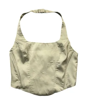 NIA Sage Green Satin Corset Style Halter Crop Top thumbnail 1