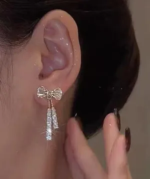 Crystal Bow Silver Earrings- Gift Wrap, Present, Cute Women's Jewelry, Christmas thumbnail 3