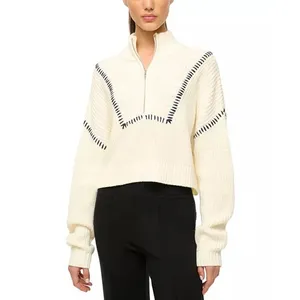 Staud Hampton Cropped Sweater Cream and Navy Blue Stitch thumbnail 2