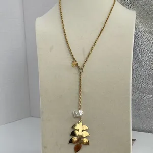 Vintage ZAG freshwater pearl etched leaf Y drop necklace. thumbnail 3