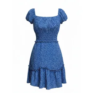 Hello Molly Blue White‎ Print Smocked Mini Dress Puff Sleeve Cottagecore Size S thumbnail 4