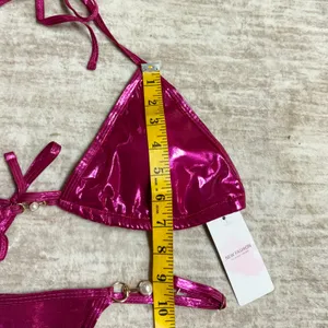 New Fashion Women’s Large Hot Pink Metallic Bikini Swimsuit Thong Rave Festival thumbnail 4