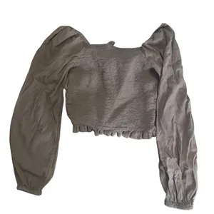 American Eagle Smocked Crop Top Women's Size S Brown Long Sleeve‎ Tie Front thumbnail 2