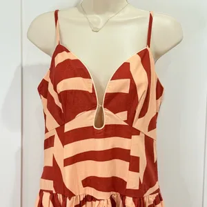 Mon Renn Surreal Midi Dress Tropico Print Red Medium Drop Waist Vacation Resort thumbnail 4