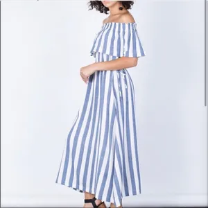 Ark & Co Womens Blue//White Striped Off Shoulder Smocked Maxi Dress Medium thumbnail 2