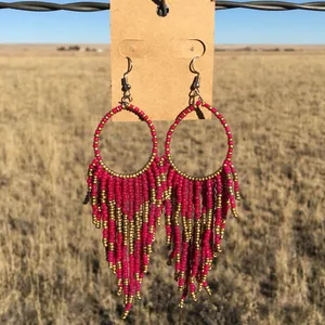 Beaded Fringe Hoop Drop Earrings - Dark Pink & Brass thumbnail 1