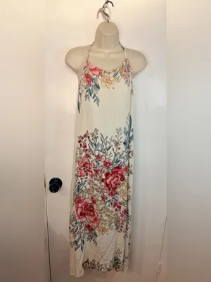 Billabong XS San Sebonne Floral Halter Maxi Dress Ivory Pink Crinkle Open Back thumbnail 5