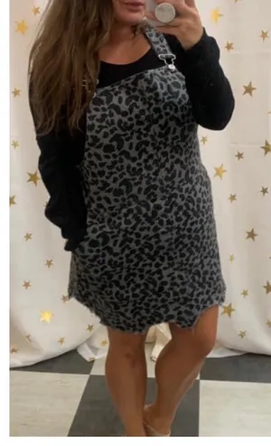 Snow Leopard Print Denim Overalls Mini Dress Multi Size 1X thumbnail 1