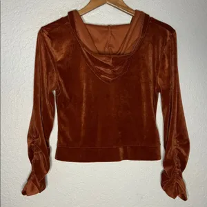 Rust Orange Velvet Crop Hoodie Full Zip Y2K Long Sleeve Ruched 70s Fall thumbnail 4