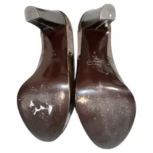 Coach Claudine brown patten leather and suede peek a boo heels. thumbnail 7