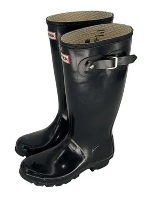 Hunter Womens Glossy Round Toe Slip‎ On Tall Rain Boots Black Size 4M/5F thumbnail 1