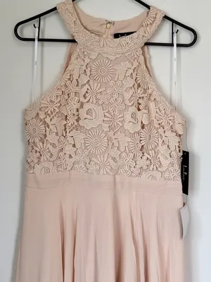 NWT Lulus Picture Perfect Blush Lace Halter Neck Side Slit Maxi Dress - Size: XL thumbnail 4