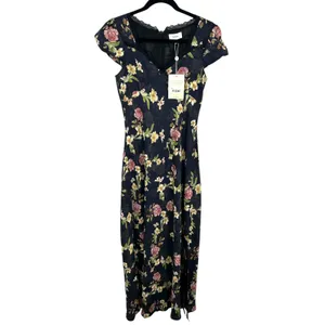 Bohme Floral Cap Sleeve Maxi Navy Blue Lace Autumn Wedding Guest Dress‎ Feminine thumbnail 2