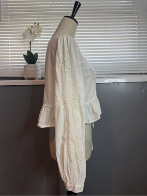 Zara White Embroidered Cotton Crop Blouse Size M Boho Peasant Tie Front thumbnail 5